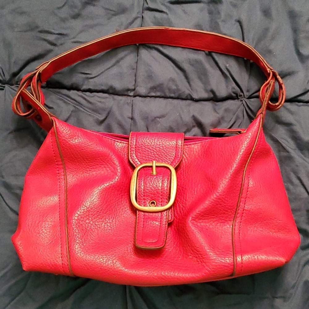 Red leather buckle closure purse